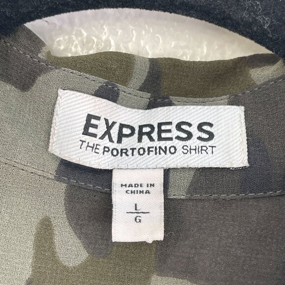 Express Portofino Shirt Womens Large Camo Button Up Sheer Roll Tab Sleeve Blouse - Picture 3 of 8